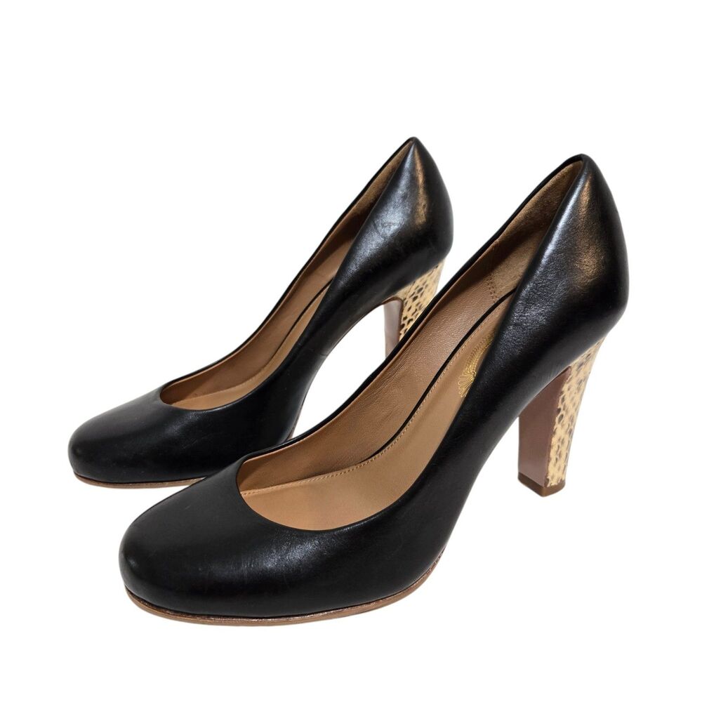 Elie Tahari Shoes 38 / 7.5 Leather High 3.75" Heel Snake Pumps Black Old Money